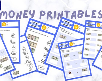 Money Printable Bundle, 10 Money Worksheets for Teaching Kids To Count Money