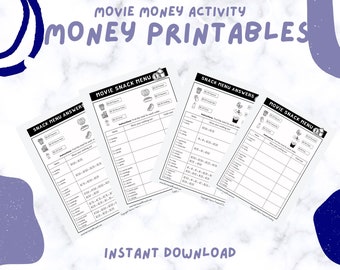 May include: Black and white printable worksheets for a movie money activity. The worksheets include a movie snack menu and a snack menu answer key. The worksheets are designed to help children learn about money and how to calculate totals.