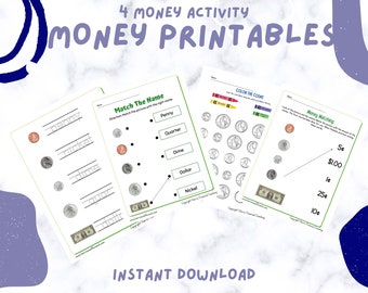 4 Printable Preschool to 1st Grade Worksheets for Matching, Writing, and Identifying Money