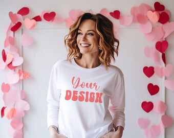 White Bella Canvas 3501 Mockup - Valentine&#39;s Day Mockup - Bella Canvas 3501 White - Long Sleeve Shirt Mockup