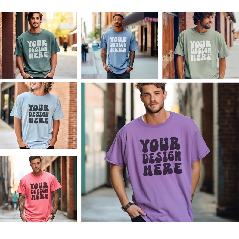 May include: Five different men are wearing t-shirts with the text "YOUR DESIGN HERE" in a retro font. The t-shirts are in various colors, including green, blue, purple, and pink.