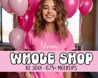 May include: A woman wearing a pink t-shirt with the text "Your" on it, standing in front of a wall with pink balloons. The text "WHOLE SHOP" is in large, white, outlined letters with a pink background. The text "BC 3001 - 675+ MOCKUPS" is below the large text.