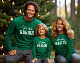 3501 Kelly Green Christmas Family Mockup Bella Canvas Mockup Group Mock BC 3501T Long Sleeve Shirt Mockup Blank Styled Stock Photography JPG