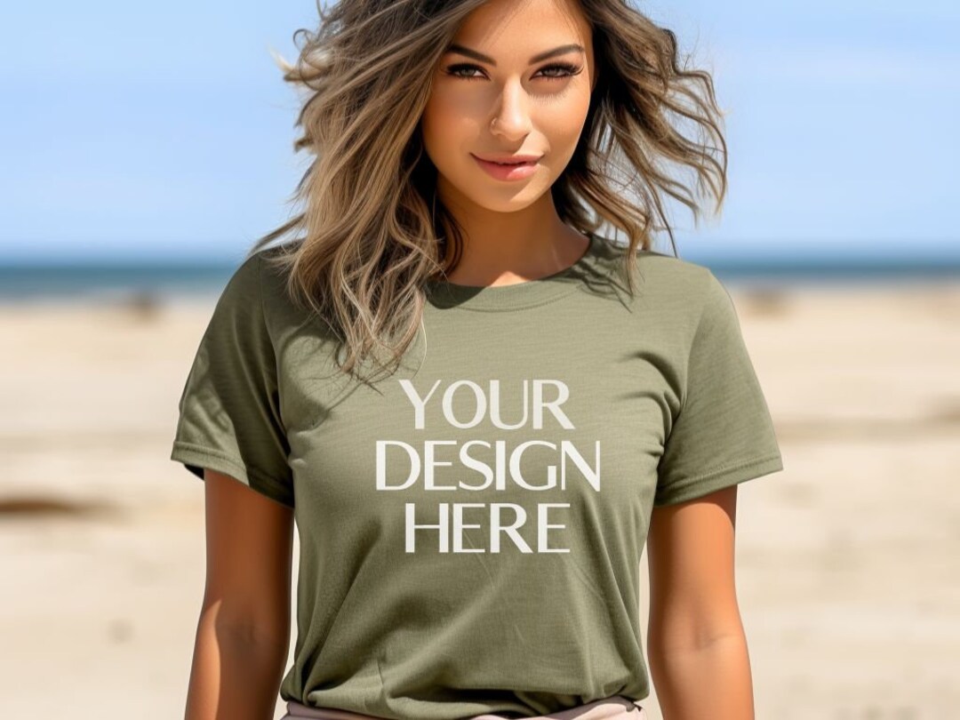 Heather Olive Bella Canvas 3001 Mockup | Beach Model Mockup | BC 3001 ...
