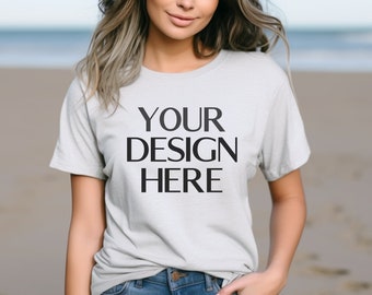 Ash Bella Canvas 3001 Mockup| BC 3001 Ash T Shirt Mockup | Esche Mockup | Hellgrau Tshirt Mock Up | Strand Modell Mockup | Outdoor Mock Up