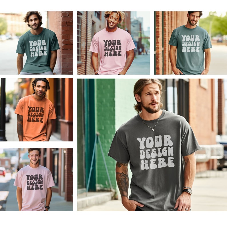 May include: Five different men's t-shirts with the text "YOUR DESIGN HERE" in a retro font. The shirts are in various colors, including green, pink, orange, gray, and light pink.