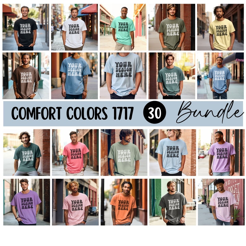 May include: A collection of 30 t-shirts in various colors, featuring the text "YOUR DESIGN HERE" on each shirt. The shirts are modeled by people standing in an urban setting.