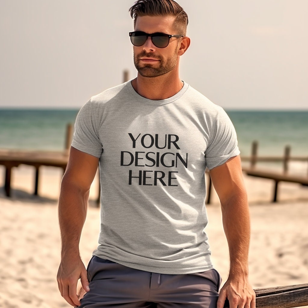 Athletic Heather Bella Canvas 3001 Male Mockup | Beach Male Model Mockup| BC 3001 Male T Shirt Mockup | Outdoor Nature Desert Mock Up