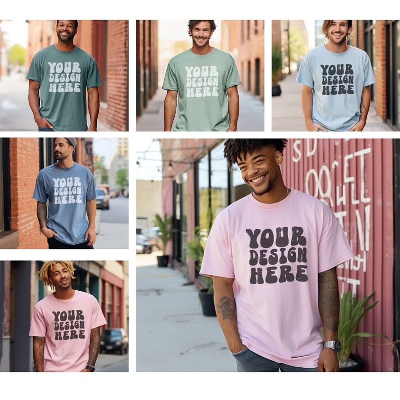 May include: Six different men are wearing t-shirts with the text "YOUR DESIGN HERE" in a variety of colors and fonts. The shirts are all casual and comfortable, and they would be perfect for everyday wear.