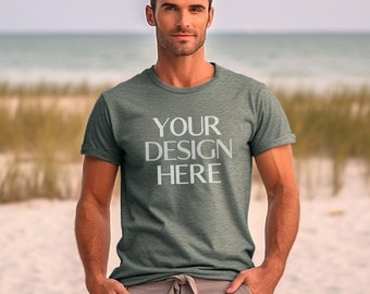 Heather Forest Bella Canvas 3001 Male Mockup | Beach Male Model Mockup| BC 3001 Male T Shirt Mockup | Outdoor Nature Desert Mock Up