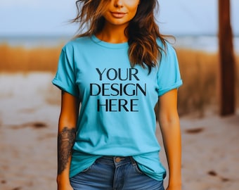 Aqua Bella Canvas 3001 Mockup| BC 3001 Aqua T Shirt Mockup | Aqua Mockup | Blue Tshirt Mock Up | Beach Model Mockup | Outdoor Mock Up