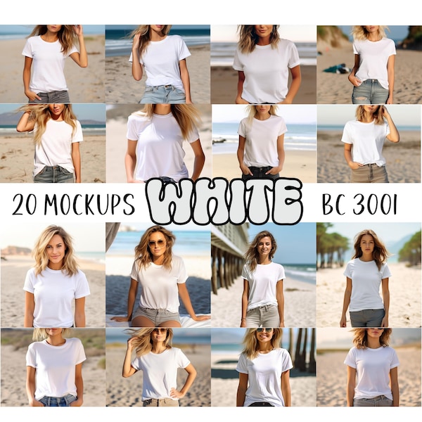 Beach | White Bella Canvas 3001 Mockup Bundle | Model Mockup Bundle | BC 3001 White Mockup | Beach Mockup | White T Shirt Mock Up