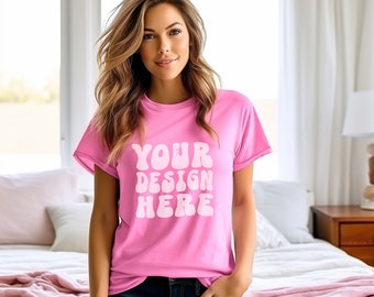 Charity Pink Heather Bella Canvas 3001 Mockup Charity Pink | BC 3001 Pink Tshirt Mockup | Oversized T-shirt Mockup | Boho Mockup
