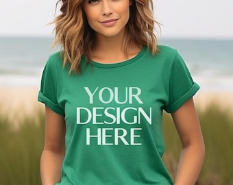 Heather Kelly Bella Canvas 3001 Mockup| BC 3001 Heather Kelly Green T Shirt Mockup | Beach Model Mockup| Outdoor Mock Up