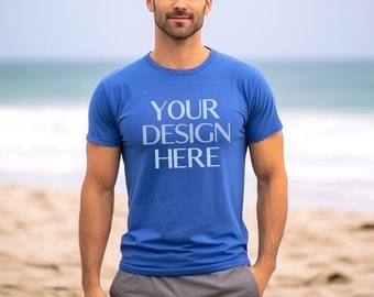 Heather Royal Blue Bella Canvas 3001 Male Mockup | Beach Male Model Mockup| BC 3001 Male T Shirt Mockup | Outdoor Nature Desert Mock Up