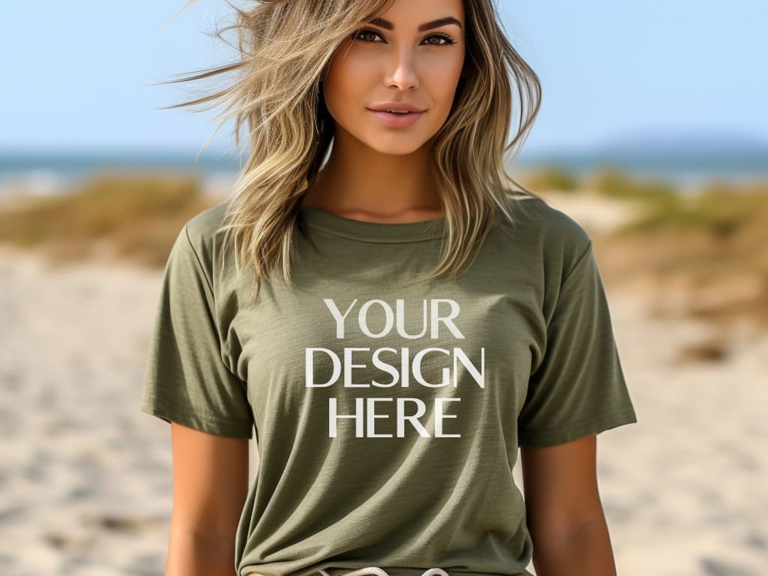 Heather Olive Bella Canvas 3001 Mockup Beach Model Mockup BC 3001 ...