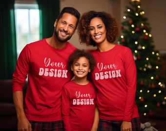 Bella Canvas 3501 Mockup Christmas Family Mockup Group Mockup 3501T Red Long Sleeve Shirt Mockup Blank Styled Stock Photography JPG