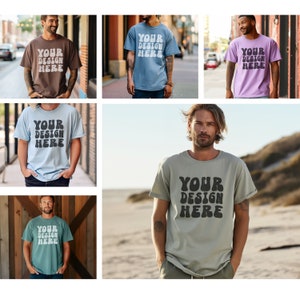May include: Six different men's t-shirts in various colors with the text "YOUR DESIGN HERE" in a retro font.
