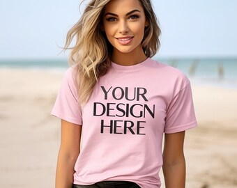 Pink Bella Canvas 3001 Mockup| BC 3001 Pink T Shirt Mockup | Pink Mockup | Light Pink  Tshirt Mock Up | Beach Model Mockup | Outdoor Mock Up