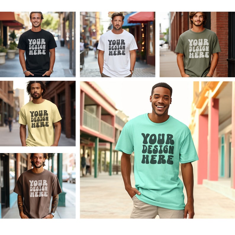 May include: Six different men's t-shirts in various colors, including black, white, yellow, green, brown, and light blue. Each shirt features the text "YOUR DESIGN HERE" in a retro, stylized font.