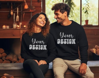 Paar Sweatshirt Mockup Schwarz Passendes Shirt Mockup Familie Mockup Gildan 18000 Mockup Gruppe Mockup Gildan Crewneck Mockup Lager