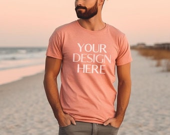 Heather Sunset Bella Canvas 3001 Male Mockup | Heather Sunset Male Model Mockup | Male Beach T Shirt Mockup | Outdoor Nature Mock Up