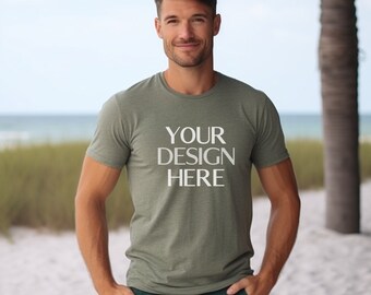 Heather Olive Bella Canvas 3001 Male Mockup | Beach Male Model Mockup| BC 3001 Male T Shirt Mockup | Outdoor Nature Desert Mock Up