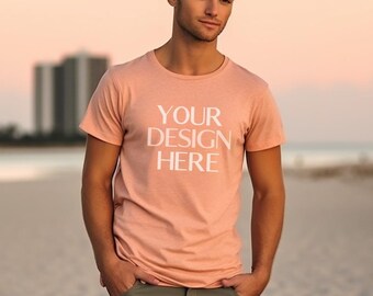 Heather Sunset Bella Canvas 3001 Male Mockup | Heather Sunset Male Model Mockup | Male Beach T Shirt Mockup | Outdoor Nature Mock Up