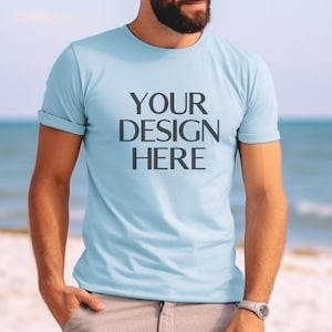 Heather Ice Blue Bella Canvas 3001 Male Mockup | Heather Ice Blue Male Model Mockup| BC 3001 Male T Shirt Mockup | Outdoor Nature Mock Up