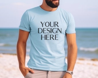 Heather Ice Blue Bella Canvas 3001 Male Mockup | Heather Ice Blue Male Model Mockup| BC 3001 Male T Shirt Mockup | Outdoor Nature Mock Up