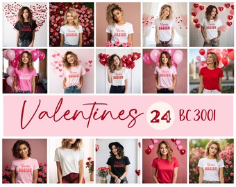 May include: A collage of 24 images featuring women wearing various t-shirts with the text "Your Design" printed on them. The images are set against a variety of backgrounds, including flowers, balloons, and hearts. The text "Valentines 24 BC 3001" is displayed at the bottom of the collage.