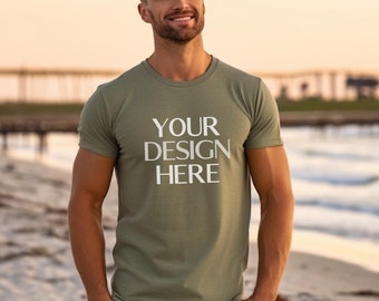 Heather Olive Bella Canvas 3001 Male Mockup | Beach Male Model Mockup| BC 3001 Male T Shirt Mockup | Outdoor Nature Desert Mock Up