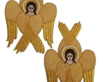 May include: Two gold embroidered angel patches. Each patch features a detailed angel with a halo, wings, and a serene facial expression. The wings are intricately designed with a textured, layered appearance.