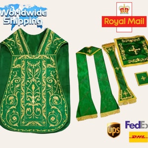 May include: Green liturgical vestments set with gold embroidery. The set includes a chasuble, stole, and two burse. The chasuble features a floral design with a cross at the top. The stole and burse have a similar design. The set is made of high-quality fabric and is perfect for any liturgical occasion.
