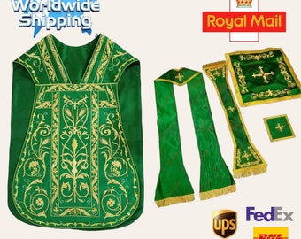 May include: Green liturgical vestments set with gold embroidery. The set includes a chasuble, stole, and two burse. The chasuble features a floral design with a cross at the top. The stole and burse have a similar design. The set is made of high-quality fabric and is perfect for any liturgical occasion.