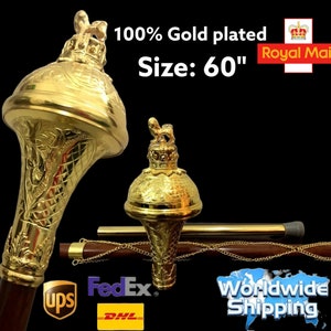 Drum Major Mace Embossed Head Gold and Silver Colour Lion with Crown & Eagle 3 Parts Size 60&quot;.