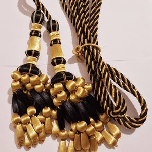 French Tassel Gold & Black Shiny Tassels pair with shiney rope Passementerie Tassels Curtain For Uniform' church Vestments ' Decoration.