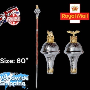 Drum Major Mace Embossed Head Gold Chrome Lion with Crown & Eagle 3 Parts Size 60&quot;.