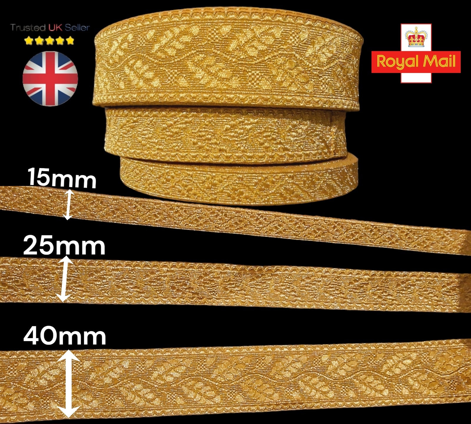 thumbnail image 2 of 16th Century Style Antique French Metallic Gold Jacquard Trim - 2cm, 5cm, 4cm Wide - Sold By Meter 2 of 5