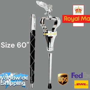 May include: A silver and black walking stick with a decorative eagle head finial and a crown-shaped handle. The stick is 60 inches long and has a black leather grip. The stick is displayed against a gray background with the text "Size 60" and "Worldwide Shipping".