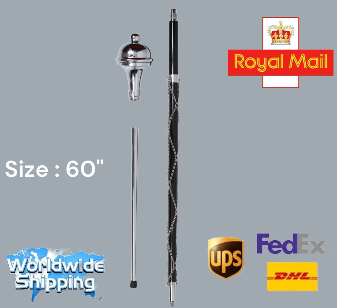 Drum Major Mace Plain Chrome Ball Top Black Shaft Chain Fitted 3 Parts