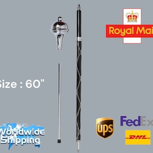 May include: A black and silver ceremonial staff with a decorative top. The staff is 60 inches long and has a black handle with silver accents. The top of the staff is a silver dome with a black finial.