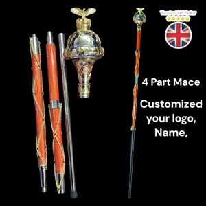May include: A four-part mace with a gold and silver top featuring an eagle design. The mace is made of wood and has a red and gold finish. The text "4 Part Mace Customized your logo, Name" is visible in the image.