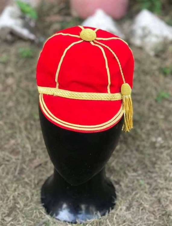 Greek Red Velvet Hat Gold Braided Tassel Vintage Handmade VINTAGE)Greek Military? Red Velvet Smoking Hat? FEZ  main image 3