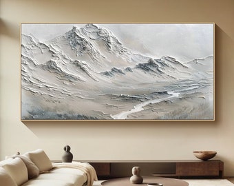 Grande dipinto di paesaggio astratto bianco Dipinto minimalista in gesso su tela Texture bianca Pittura di montagna Astratta Montagna innevata Arte