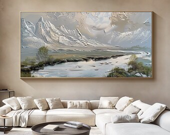 Large Abstract Landscape Painting Large Wall Art Original Textured Wall Art Modern  Living Room Wall Art River and Mountain Scenery Painting