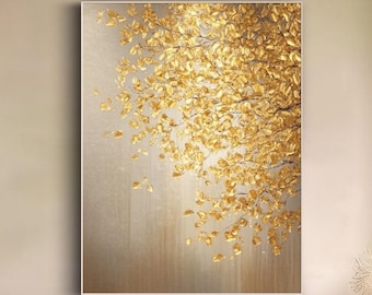 Árbol de hoja dorada, pintura al óleo sobre lienzo, arte de pared metálico texturizado, pintura abstracta hecha a mano, decoración de pared minimalista, arte de pared dorado original