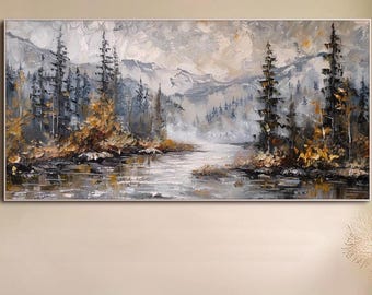 Autumn Oil Painting on Canvas Original Large Landscape Wall Art Neutral Abstract Wall Art Modern LivingRoom Wall Art Mountain River Wall Art