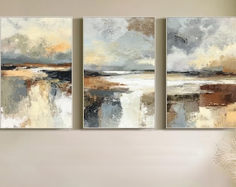 Original Abstract Oil Painting Abstract Triptych Canvas Art Neutral Textured Wall Art Set of 3 Panels Landscape Art Living Room Wall Decor