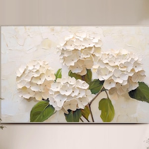 Peinture à l'huile d'hortensia blanc peinture texturée originale toile florale neutre art mural 3D couteau à palette peinture de fleurs art mural salon